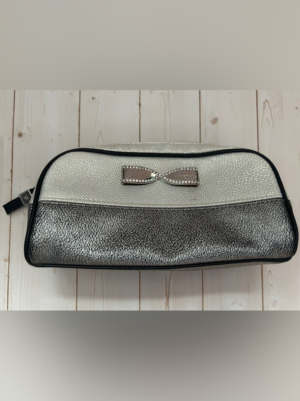 Victoria's Secret Silver Metallic Bow Cosmetic Make Up Bag